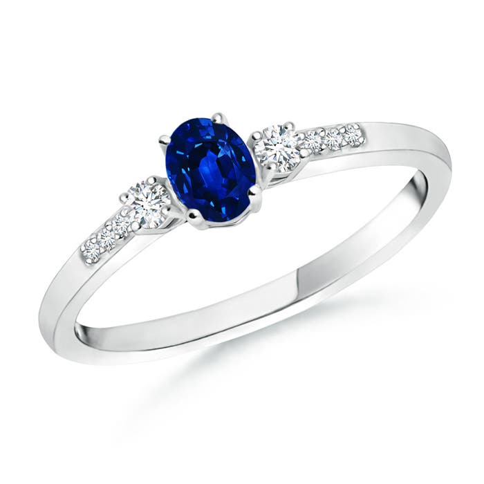 Classic Oval Blue Sapphire and Round Diamond Three Stone Ring | Angara