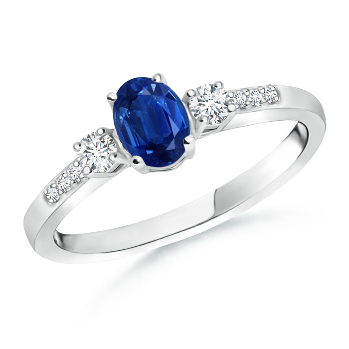 6x4mm AAA Classic Oval Blue Sapphire and Round Diamond Three Stone Ring in White Gold