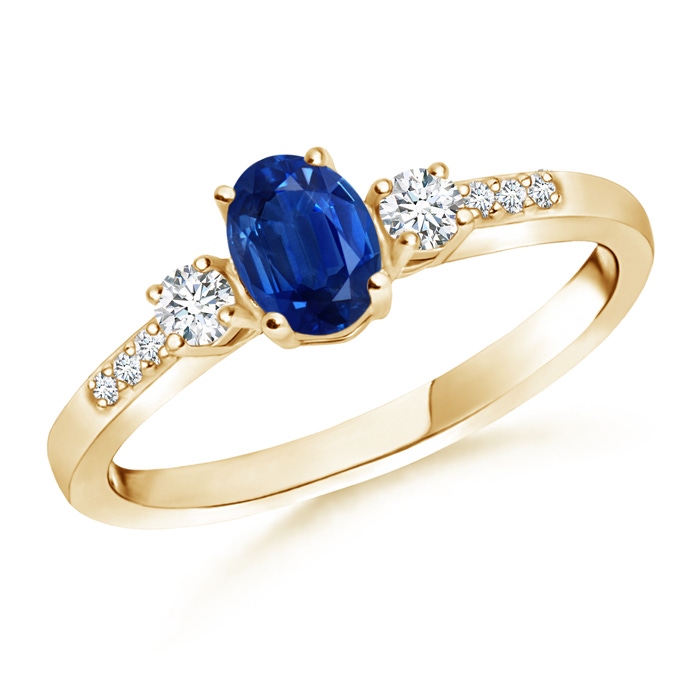 6x4mm AAA Classic Oval Blue Sapphire and Round Diamond Three Stone Ring in Yellow Gold 