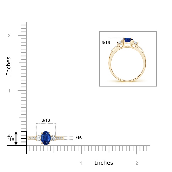 6x4mm AAA Classic Oval Blue Sapphire and Round Diamond Three Stone Ring in Yellow Gold Ruler
