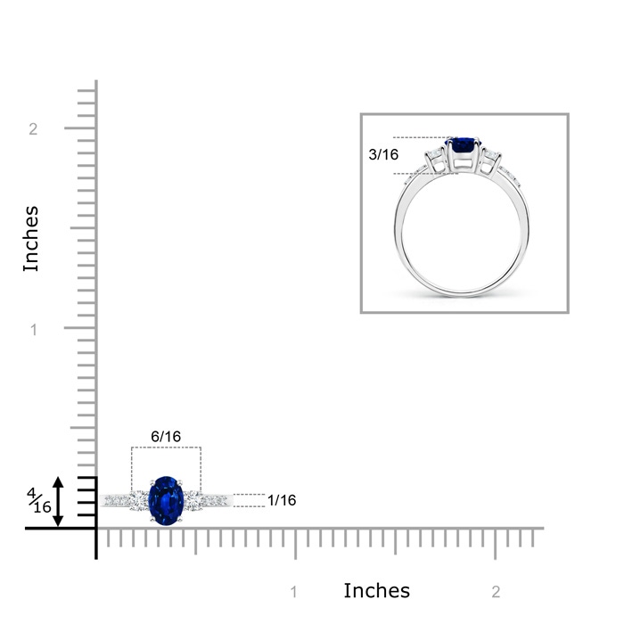 6x4mm Lab-Grown Classic Oval Blue Sapphire and Round Diamond Three Stone Ring in White Gold ruler