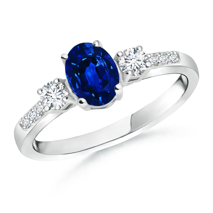 7x5mm AAAA Classic Oval Blue Sapphire and Round Diamond Three Stone Ring in P950 Platinum