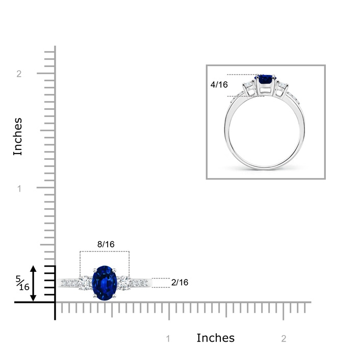 7x5mm AAAA Classic Oval Blue Sapphire and Round Diamond Three Stone Ring in White Gold ruler