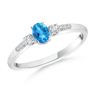 5x3mm AAAA Classic Oval Swiss Blue Topaz and Diamond Three Stone Ring in White Gold