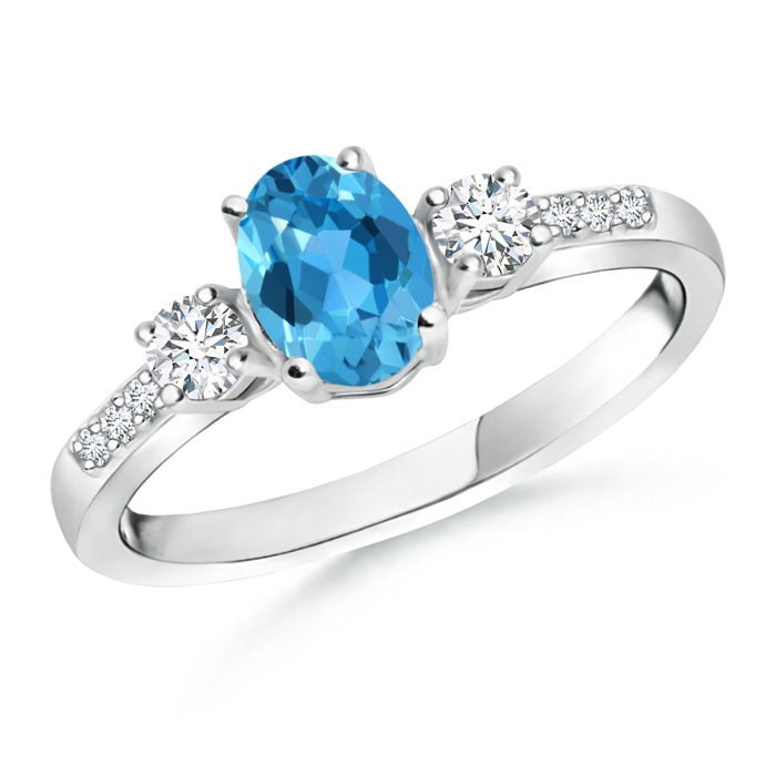 7x5mm AAA Classic Oval Swiss Blue Topaz and Diamond Three Stone Ring in White Gold 