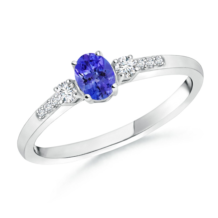 5x3mm AAAA Classic Oval Tanzanite and Round Diamond Three Stone Ring in P950 Platinum