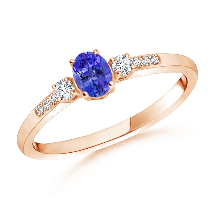 5x3mm AAAA Classic Oval Tanzanite and Round Diamond Three Stone Ring in Rose Gold