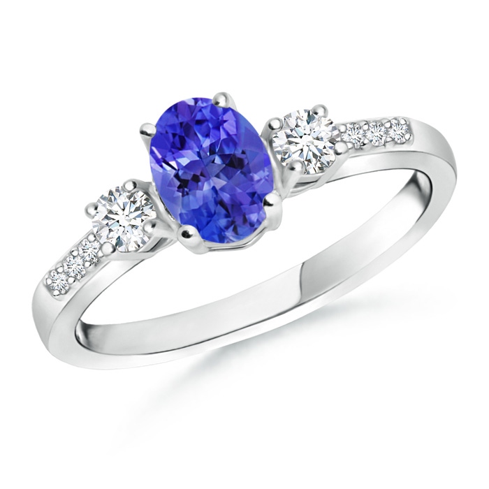 7x5mm AAA Classic Oval Tanzanite and Round Diamond Three Stone Ring in White Gold