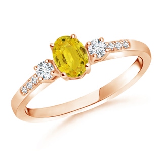 6x4mm AAA Classic Oval Yellow Sapphire & Round Diamond Three Stone Ring in Rose Gold