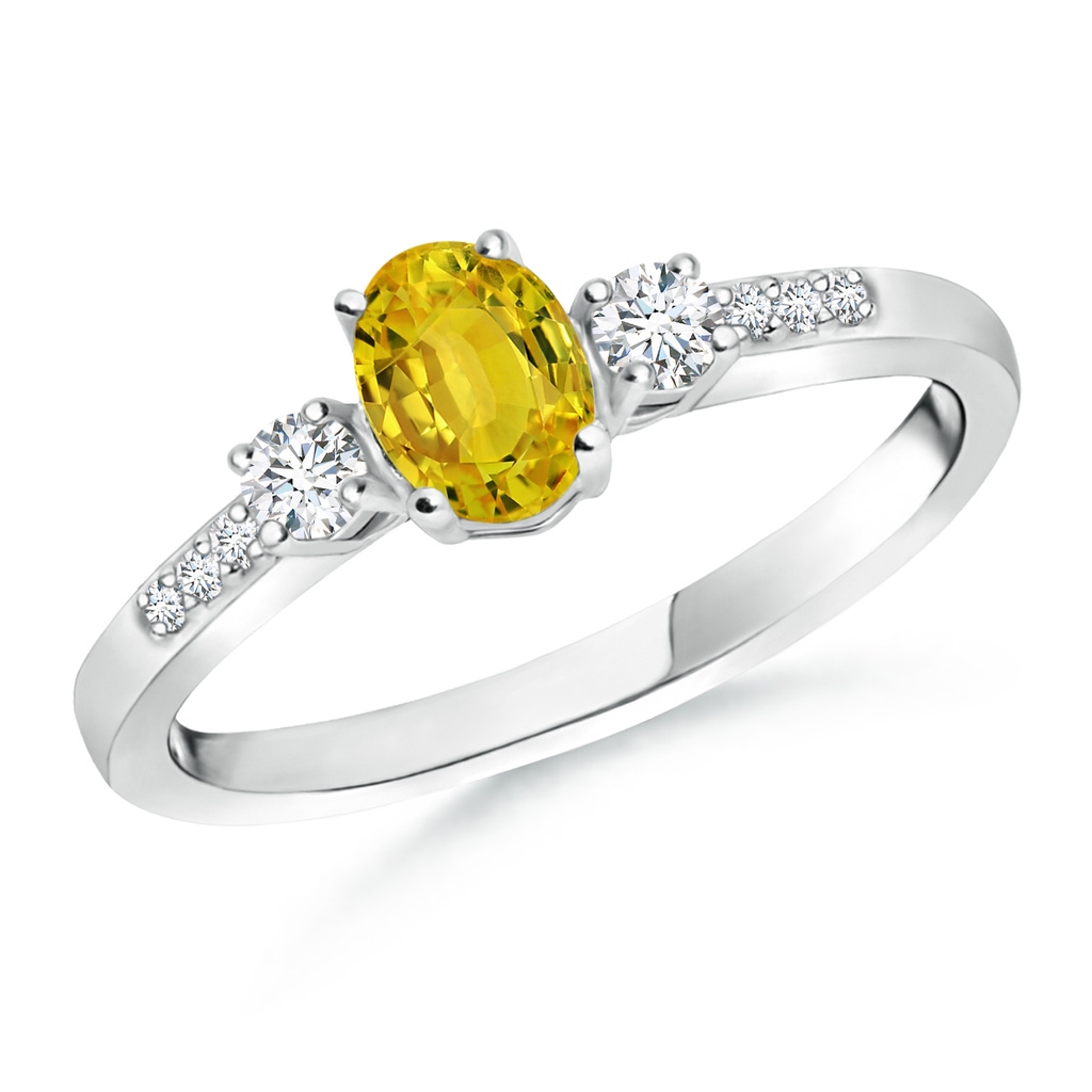 6x4mm AAAA Classic Oval Yellow Sapphire & Round Diamond Three Stone Ring in P950 Platinum