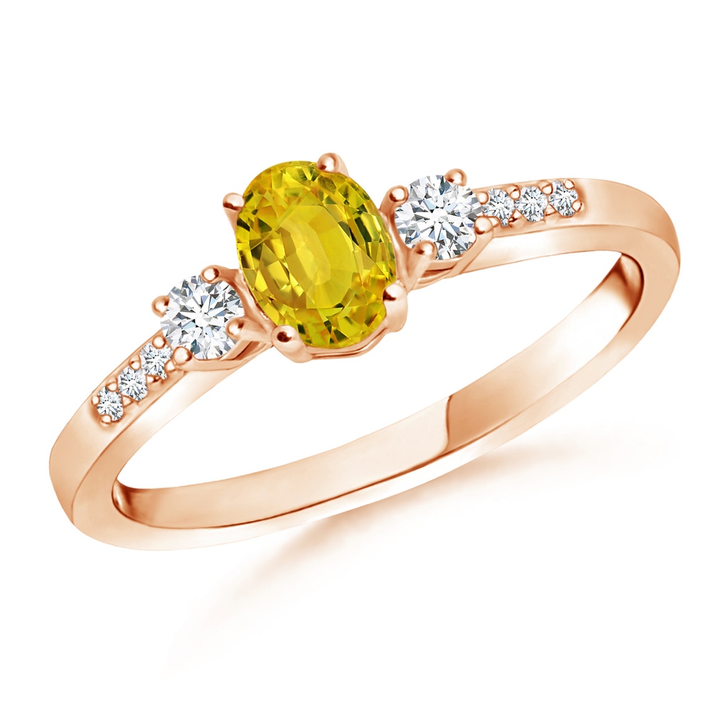 6x4mm AAAA Classic Oval Yellow Sapphire & Round Diamond Three Stone Ring in Rose Gold