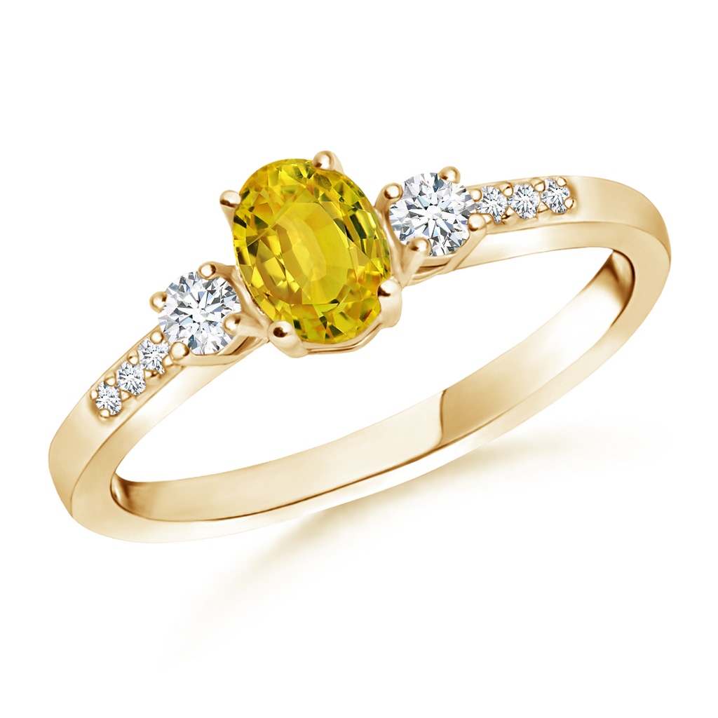 6x4mm AAAA Classic Oval Yellow Sapphire & Round Diamond Three Stone Ring in Yellow Gold