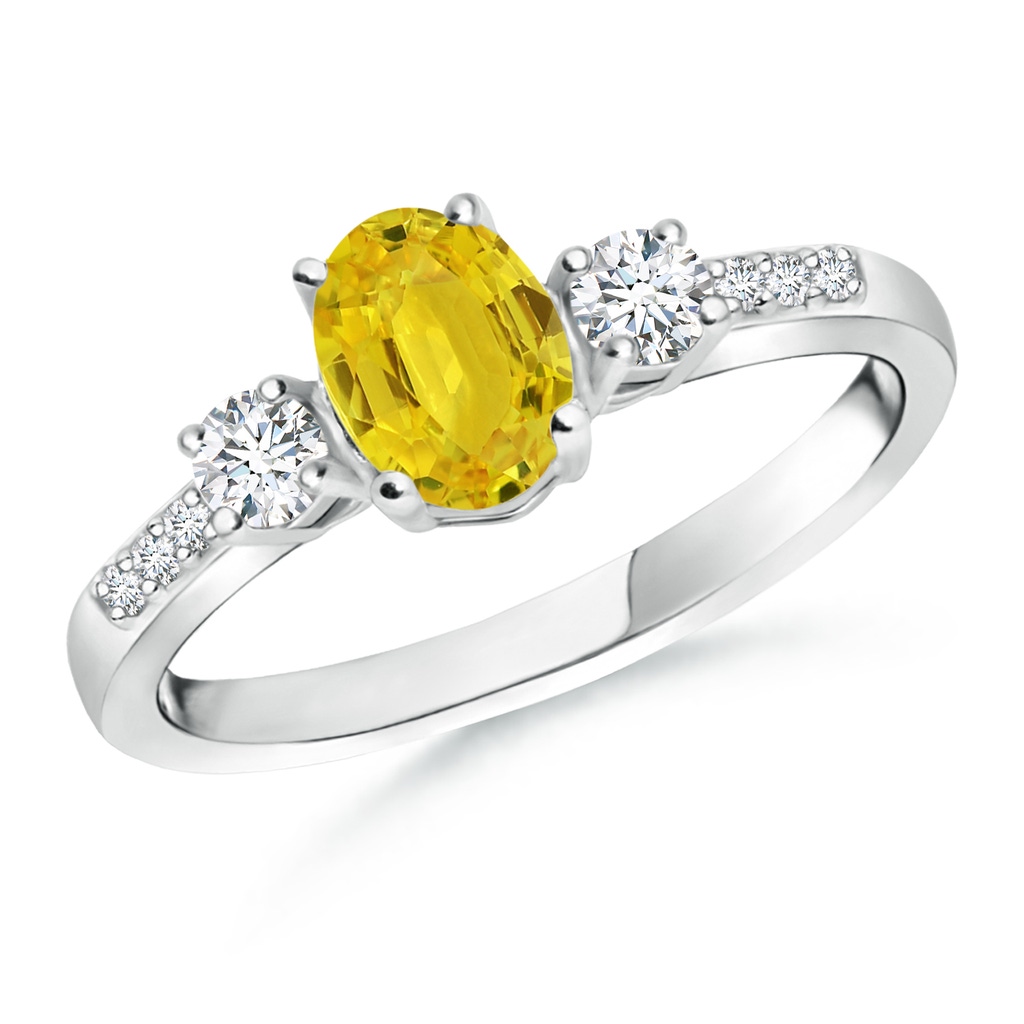 7x5mm AAA Classic Oval Yellow Sapphire & Round Diamond Three Stone Ring in White Gold