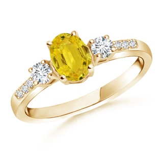 7x5mm AAA Classic Oval Yellow Sapphire & Round Diamond Three Stone Ring in Yellow Gold