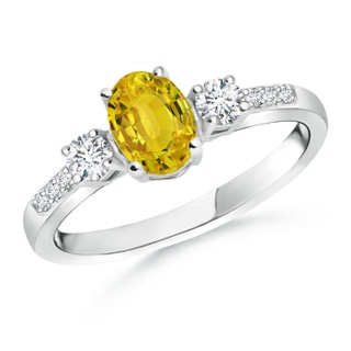 7x5mm AAAA Classic Oval Yellow Sapphire & Round Diamond Three Stone Ring in P950 Platinum