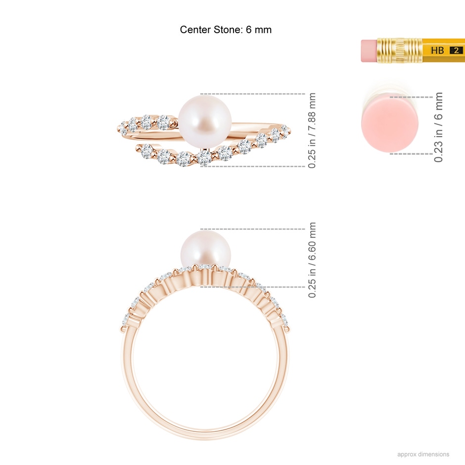 6mm AAA Japanese Akoya Pearl Solitaire Ring with Diamonds in Rose Gold ruler