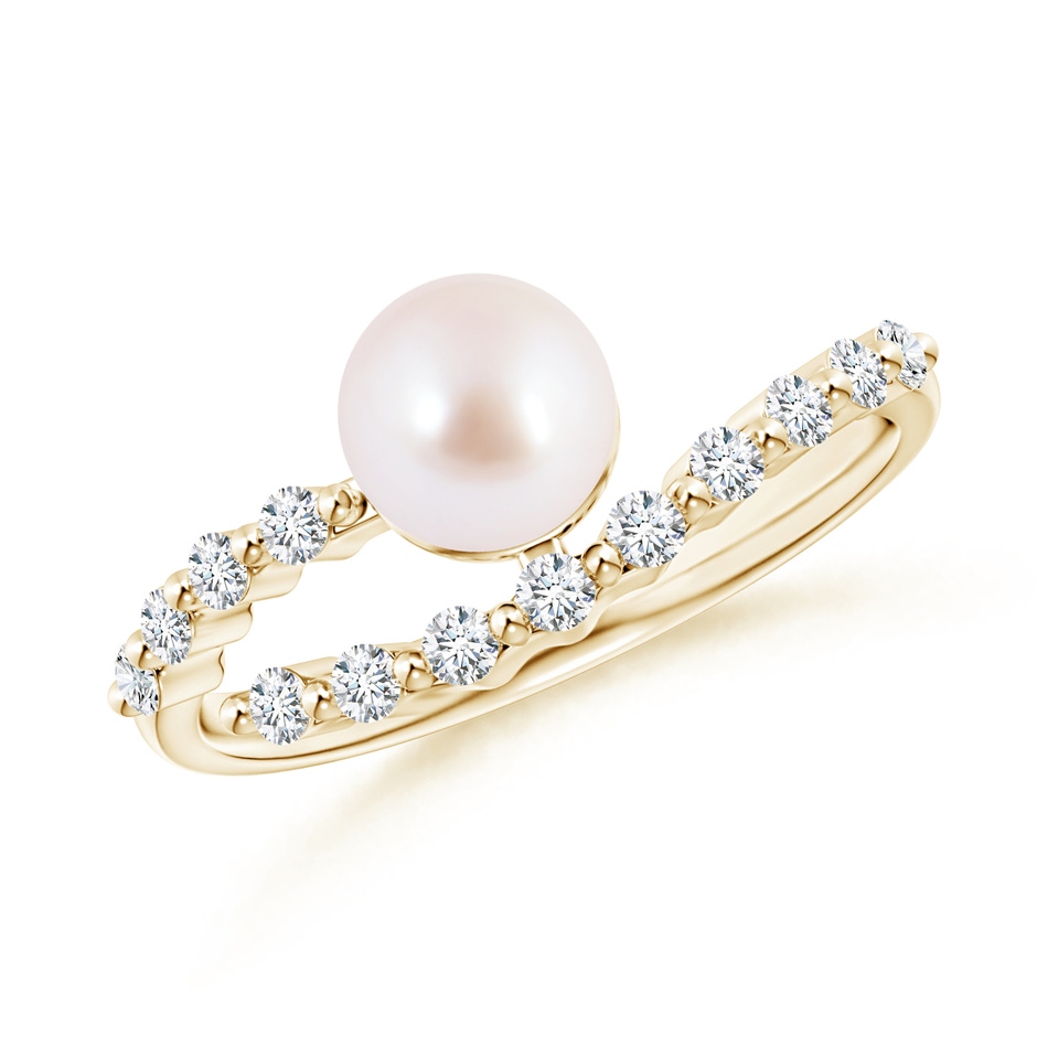 6mm AAA Japanese Akoya Pearl Solitaire Ring with Diamonds in Yellow Gold 