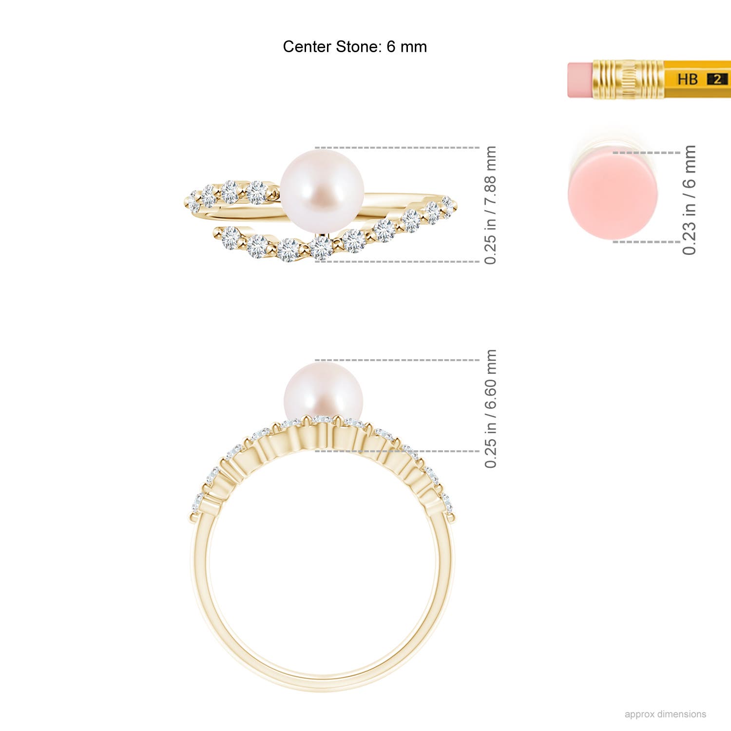 6mm AAA Japanese Akoya Pearl Solitaire Ring with Diamonds in Yellow Gold - ruler