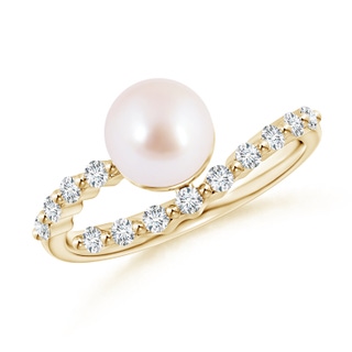 7mm AAA Japanese Akoya Pearl Solitaire Ring with Diamonds in Yellow Gold