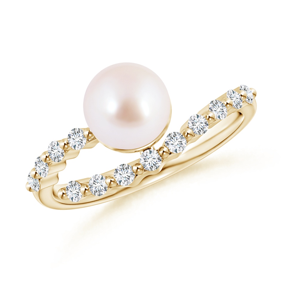 7mm AAA Japanese Akoya Pearl Solitaire Ring with Diamonds in Yellow Gold 