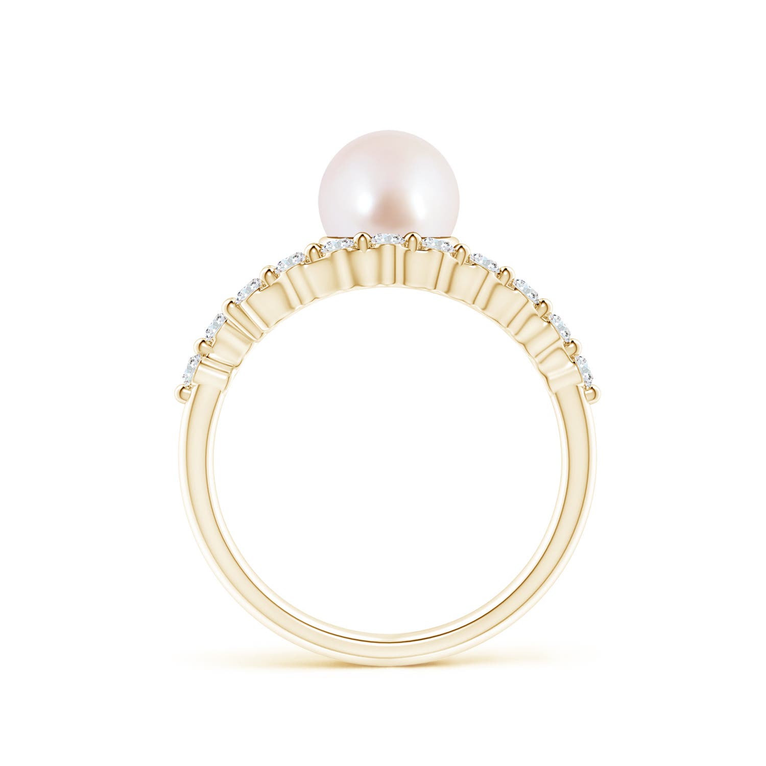 7mm AAA Japanese Akoya Pearl Solitaire Ring with Diamonds in Yellow Gold - side 2