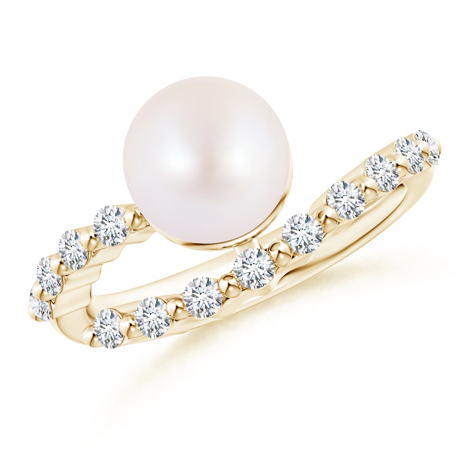 8mm AA Japanese Akoya Pearl Solitaire Ring with Diamonds in Yellow Gold 