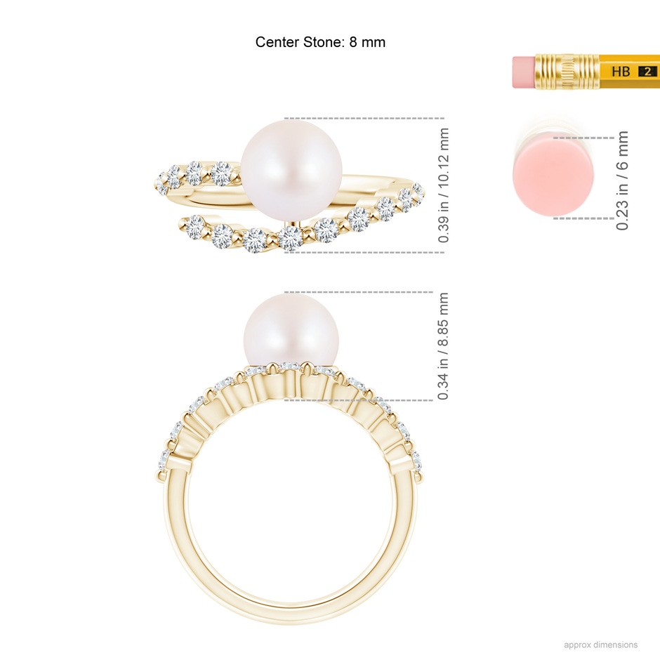 8mm AA Japanese Akoya Pearl Solitaire Ring with Diamonds in Yellow Gold ruler