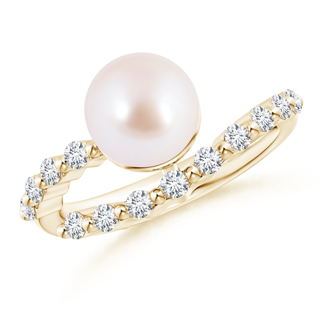 8mm AAA Japanese Akoya Pearl Solitaire Ring with Diamonds in Yellow Gold