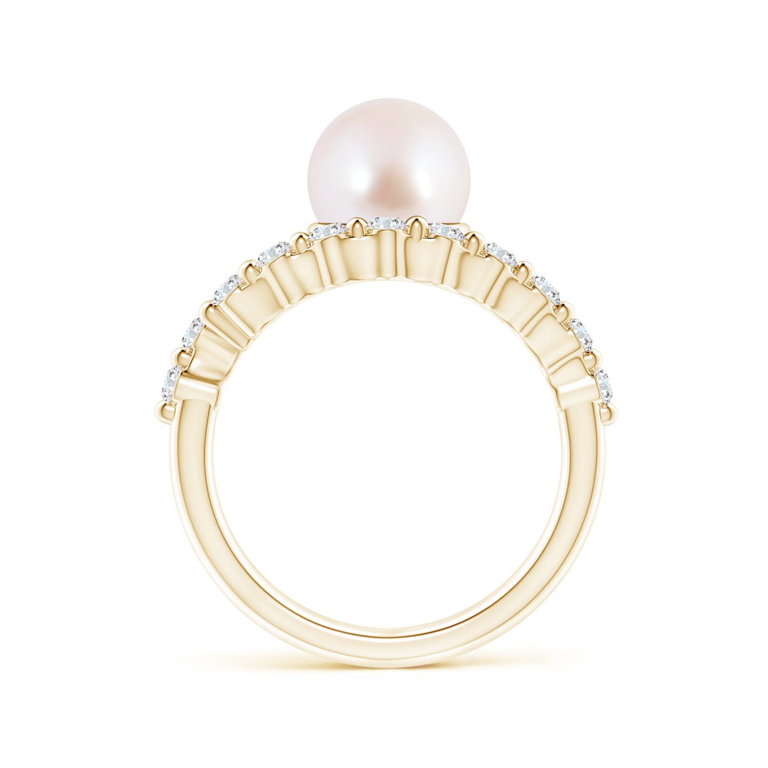 8mm AAA Japanese Akoya Pearl Solitaire Ring with Diamonds in Yellow Gold - side 2