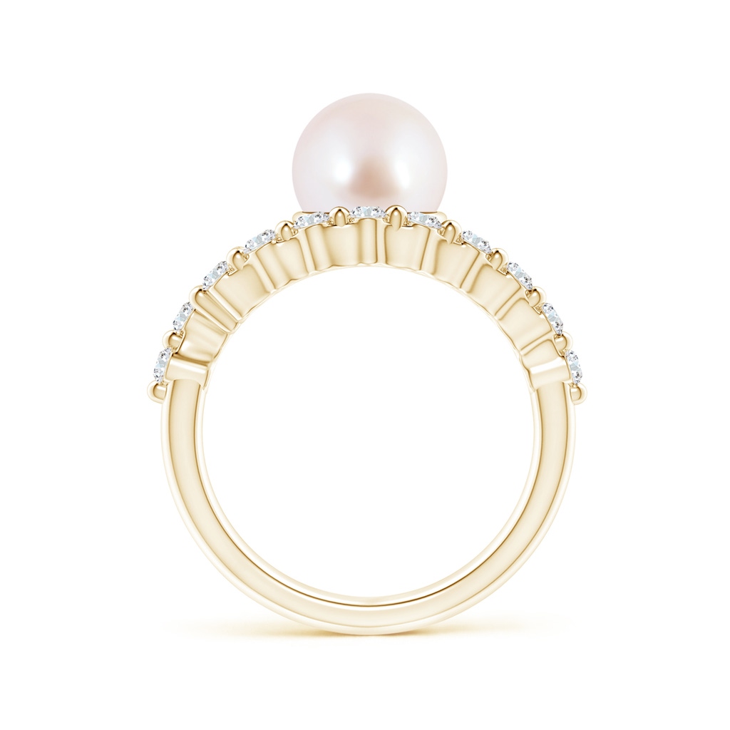 8mm AAA Japanese Akoya Pearl Solitaire Ring with Diamonds in Yellow Gold - side 1