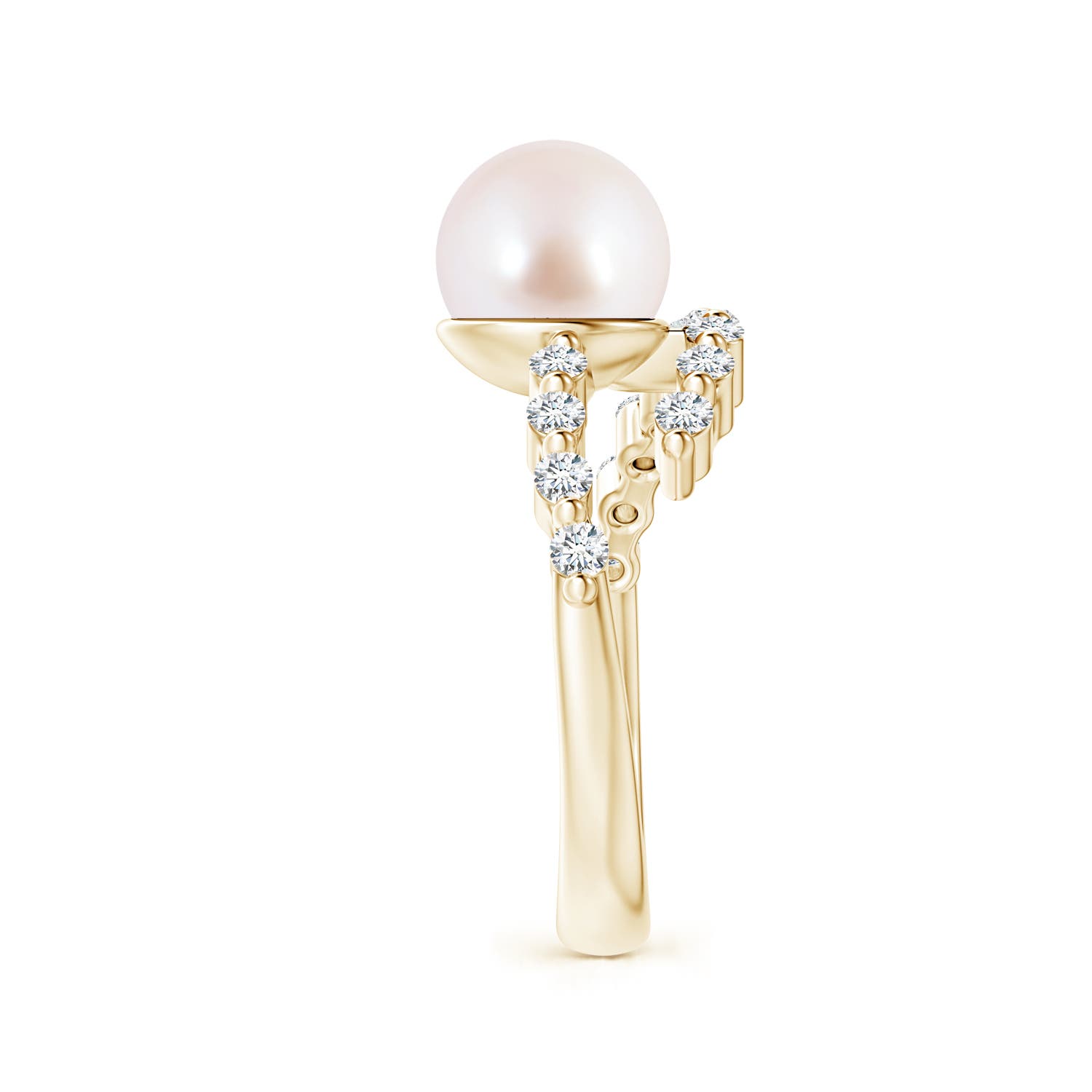 8mm AAA Japanese Akoya Pearl Solitaire Ring with Diamonds in Yellow Gold - side 3