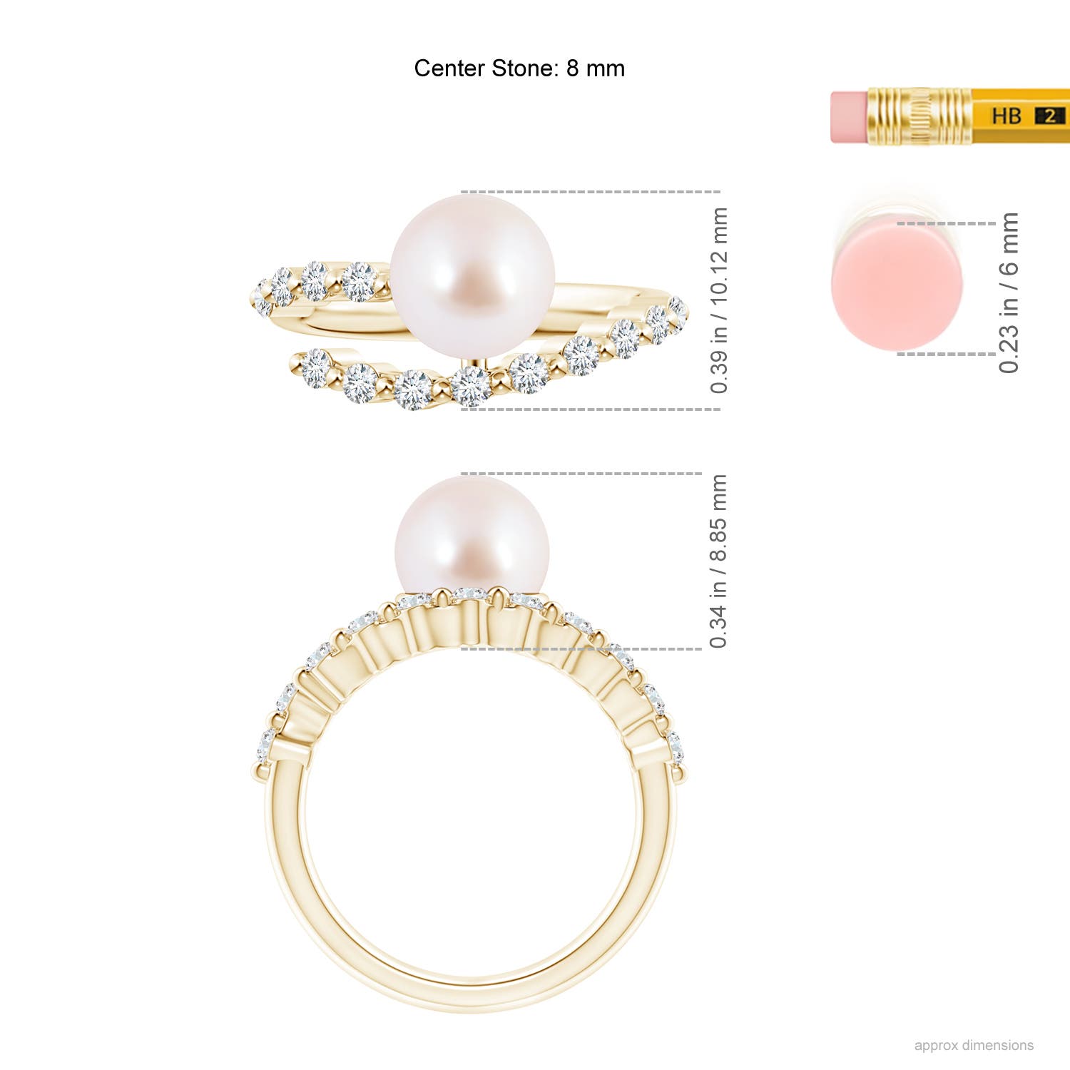 8mm AAA Japanese Akoya Pearl Solitaire Ring with Diamonds in Yellow Gold - ruler