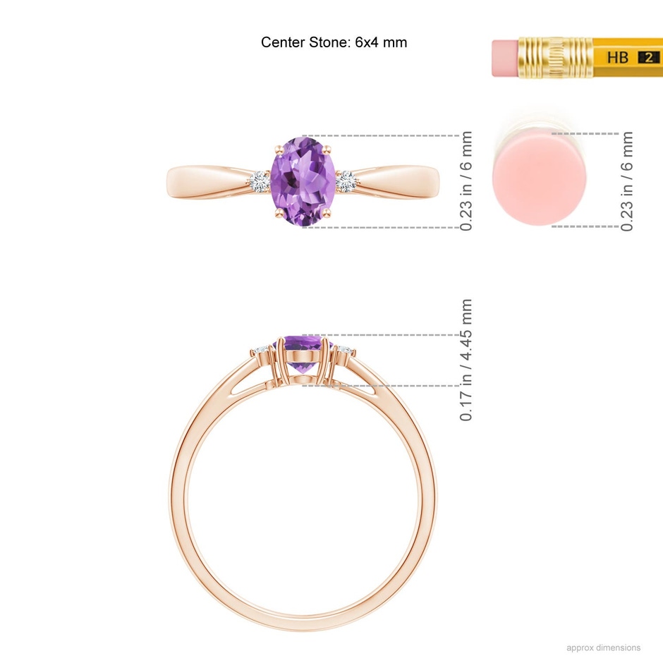 6x4mm A Tapered Shank Amethyst Solitaire Ring with Diamond Accents in Rose Gold ruler