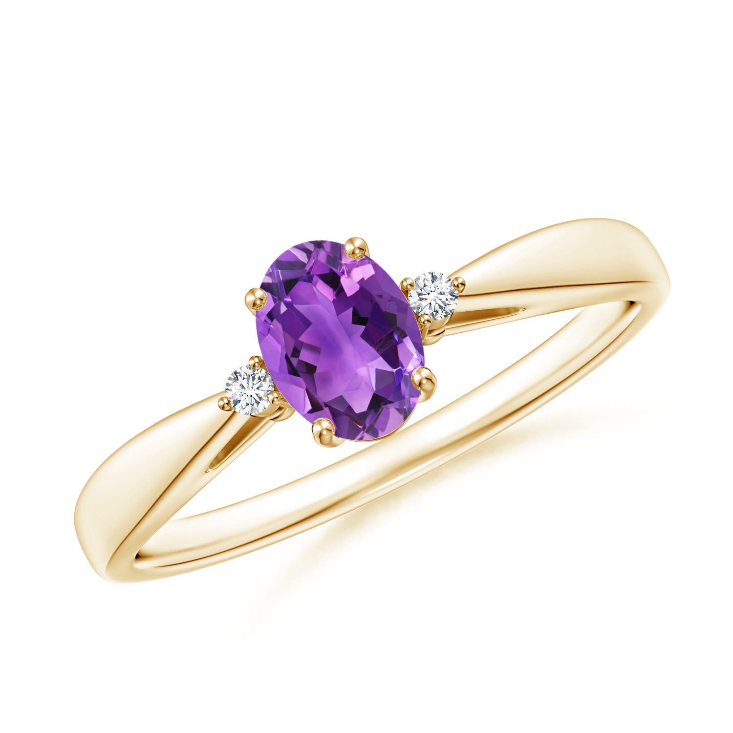 6x4mm AAA Tapered Shank Amethyst Solitaire Ring with Diamond Accents in 18K Yellow Gold