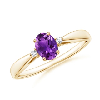 6x4mm AAAA Tapered Shank Amethyst Solitaire Ring with Diamond Accents in 9K Yellow Gold