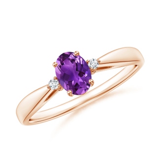6x4mm AAAA Tapered Shank Amethyst Solitaire Ring with Diamond Accents in Rose Gold