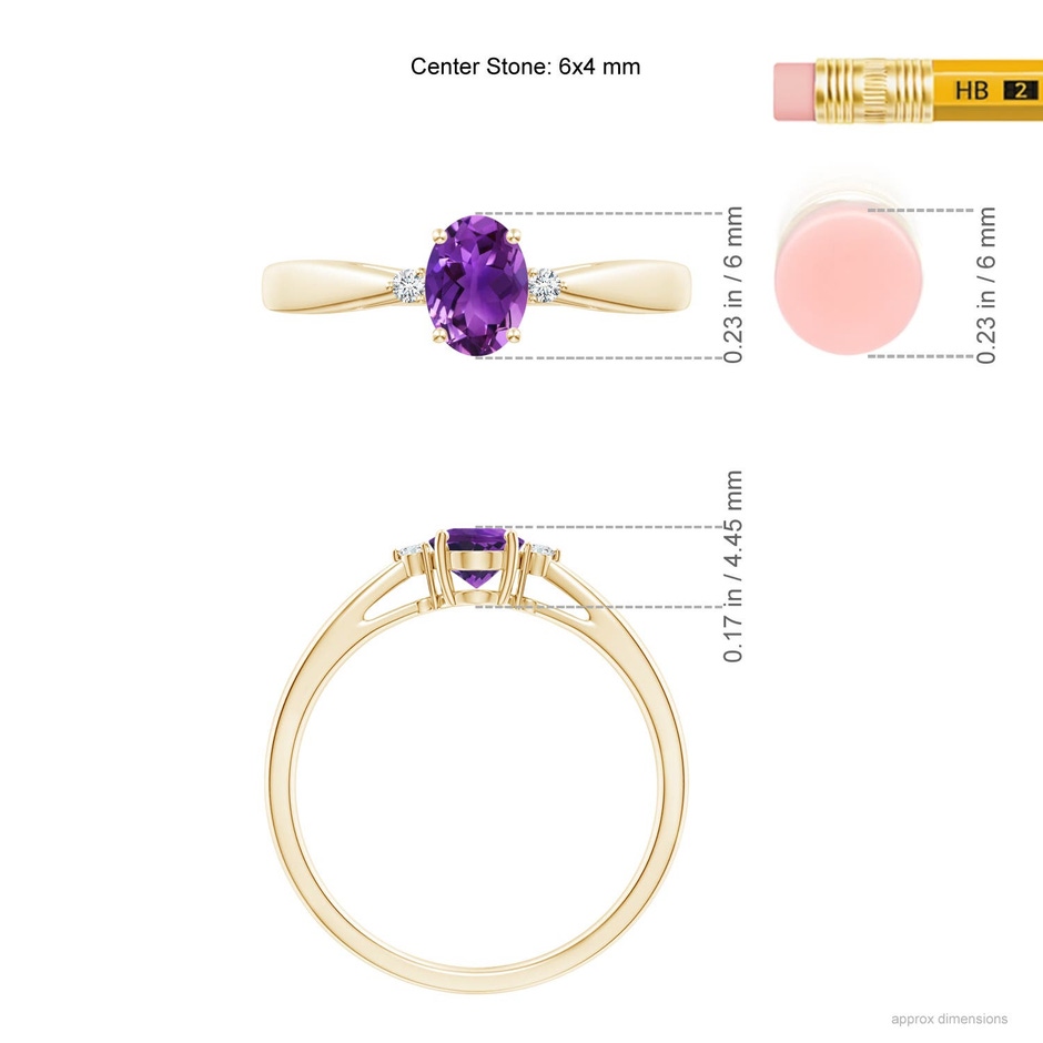 6x4mm AAAA Tapered Shank Amethyst Solitaire Ring with Diamond Accents in Yellow Gold ruler