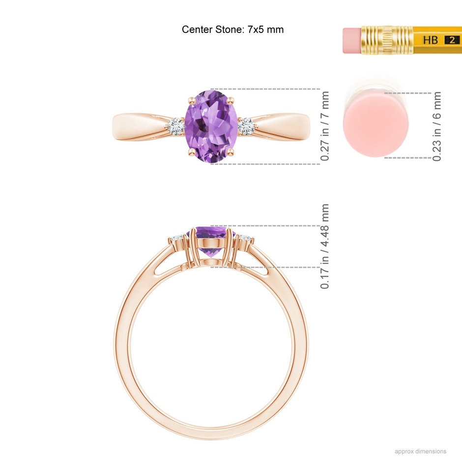 7x5mm A Tapered Shank Amethyst Solitaire Ring with Diamond Accents in 18K Rose Gold ruler