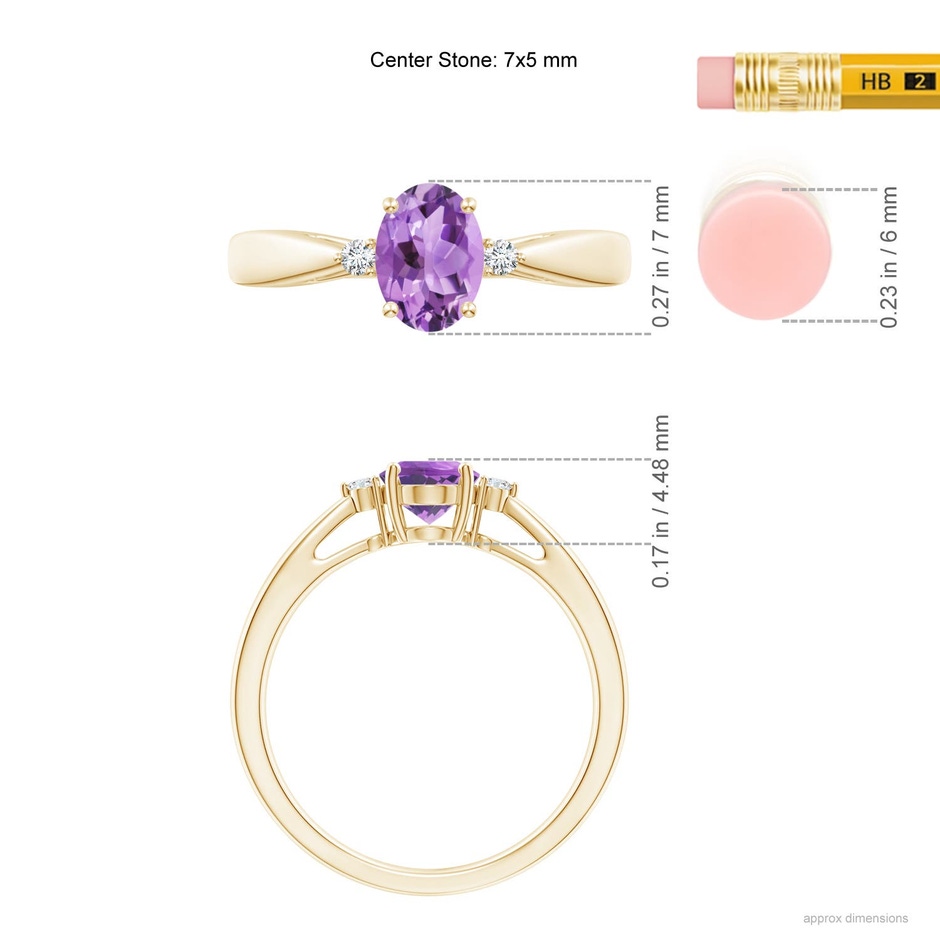 7x5mm A Tapered Shank Amethyst Solitaire Ring with Diamond Accents in 18K Yellow Gold ruler