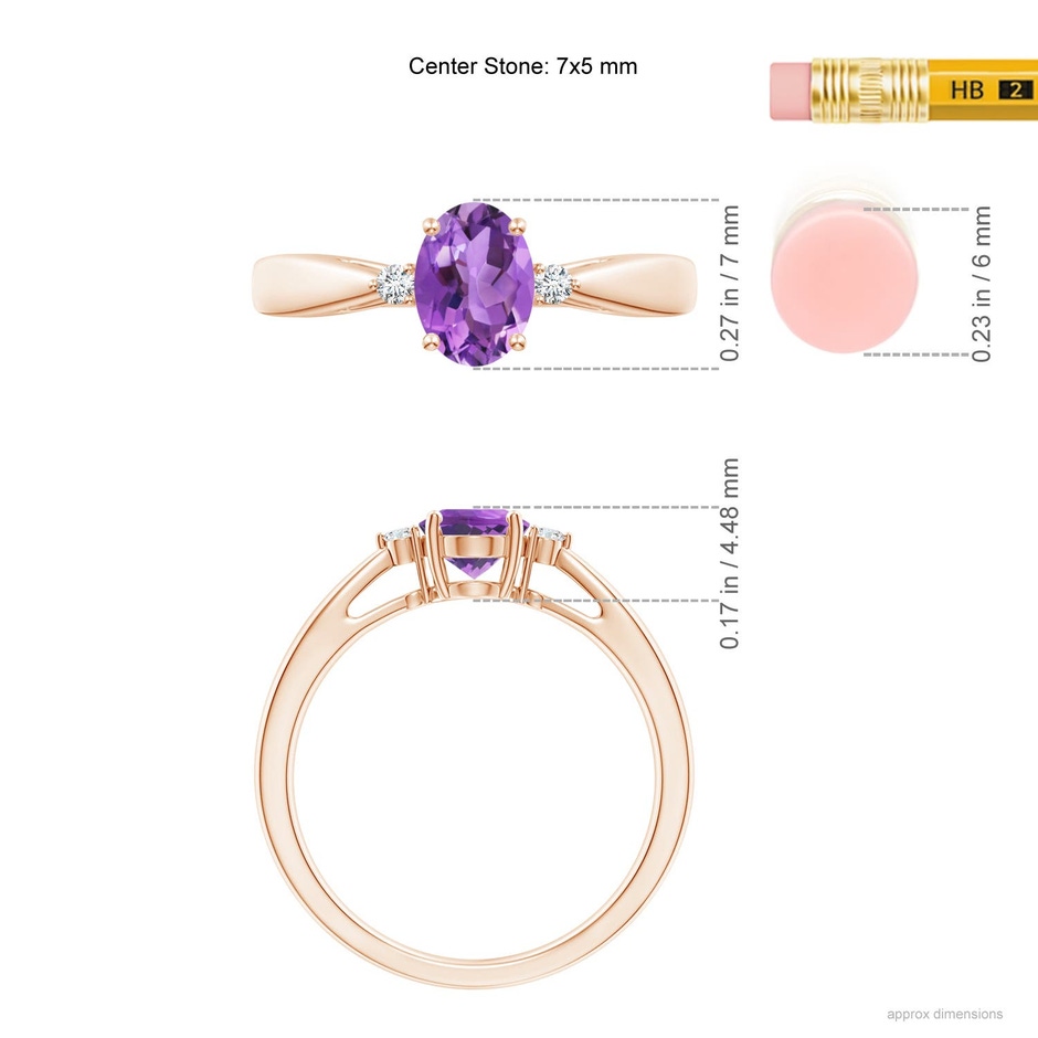 7x5mm AA Tapered Shank Amethyst Solitaire Ring with Diamond Accents in 18K Rose Gold ruler