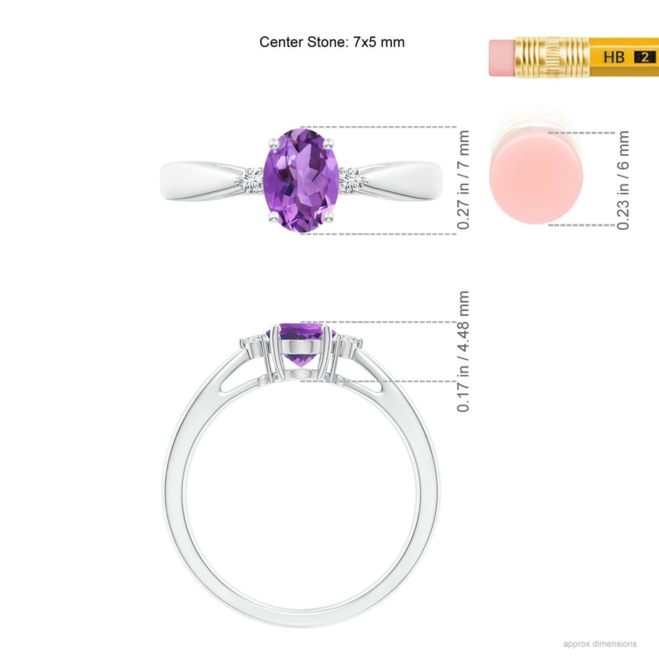 7x5mm AA Tapered Shank Amethyst Solitaire Ring with Diamond Accents in 18K White Gold ruler
