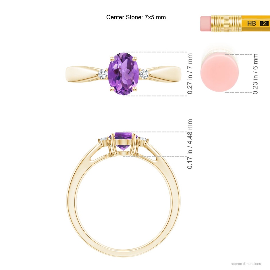 7x5mm AA Tapered Shank Amethyst Solitaire Ring with Diamond Accents in 18K Yellow Gold ruler