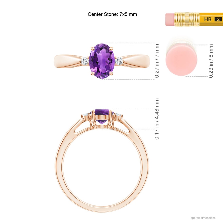 7x5mm AAA Tapered Shank Amethyst Solitaire Ring with Diamond Accents in Rose Gold ruler
