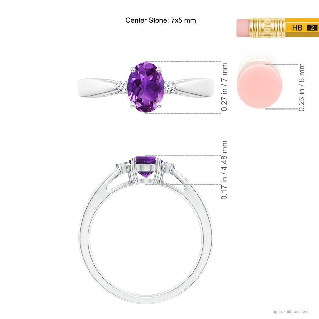 7x5mm AAAA Tapered Shank Amethyst Solitaire Ring with Diamond Accents in P950 Platinum Ruler