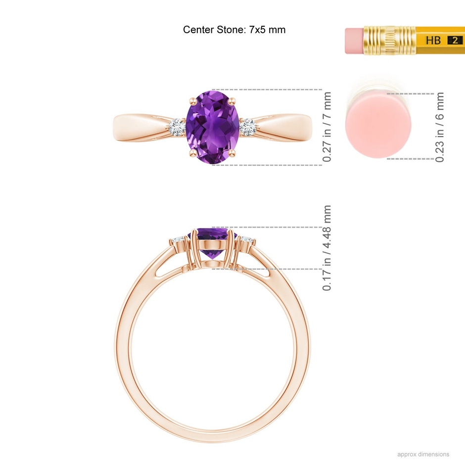 7x5mm AAAA Tapered Shank Amethyst Solitaire Ring with Diamond Accents in Rose Gold ruler