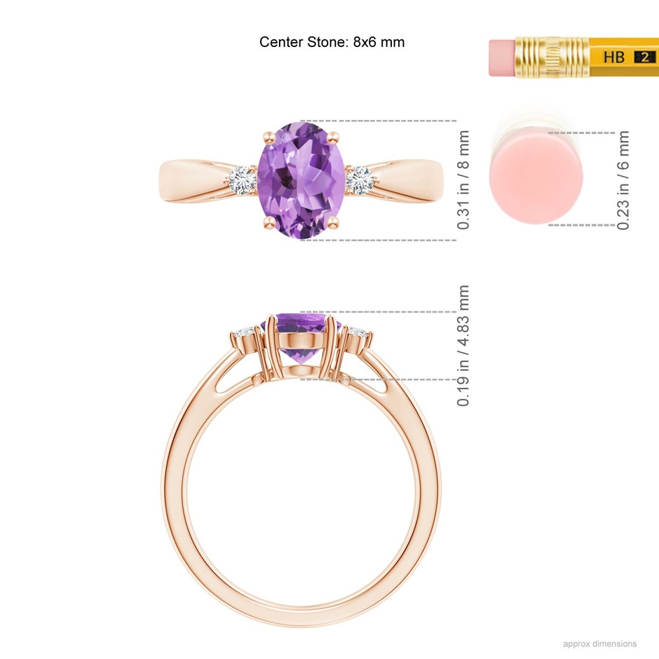 8x6mm A Tapered Shank Amethyst Solitaire Ring with Diamond Accents in 18K Rose Gold ruler