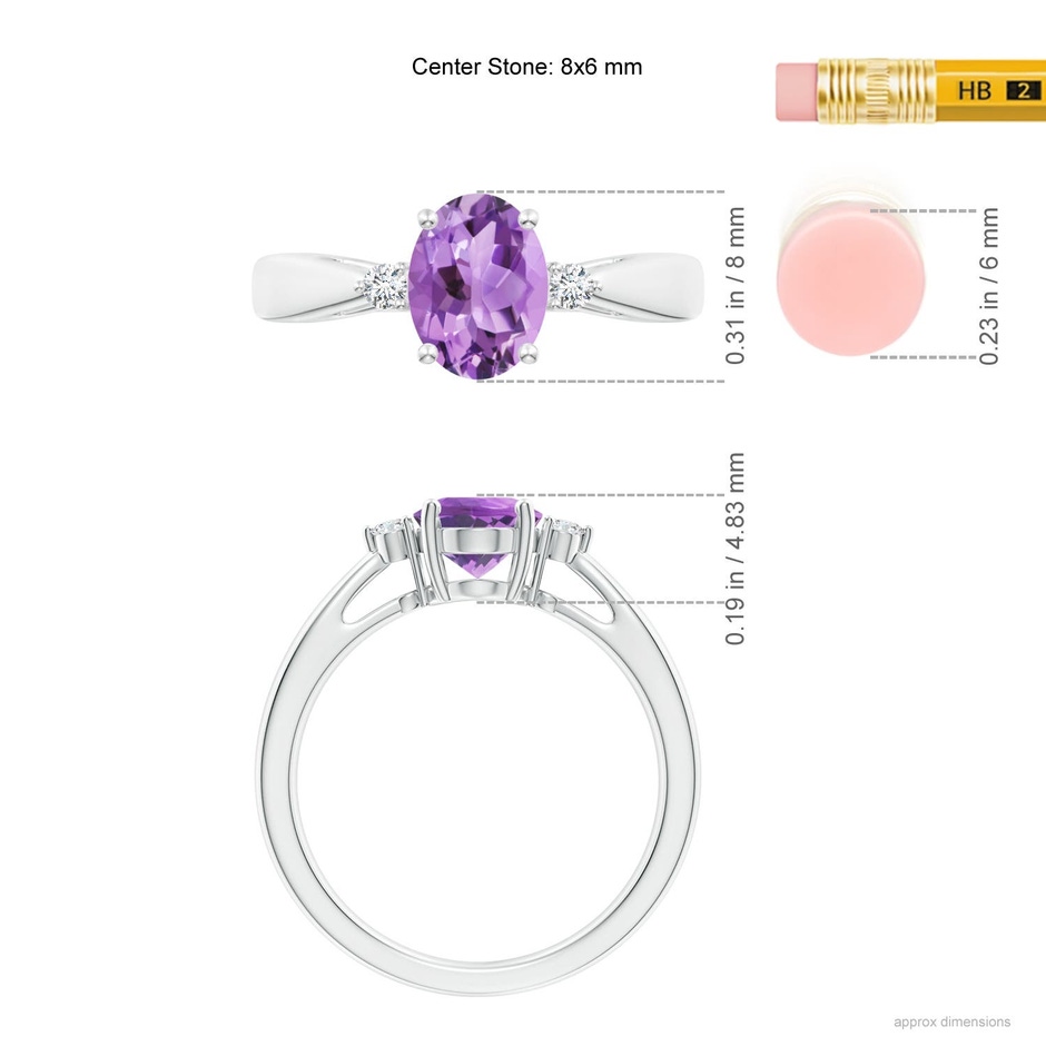 8x6mm A Tapered Shank Amethyst Solitaire Ring with Diamond Accents in 18K White Gold ruler