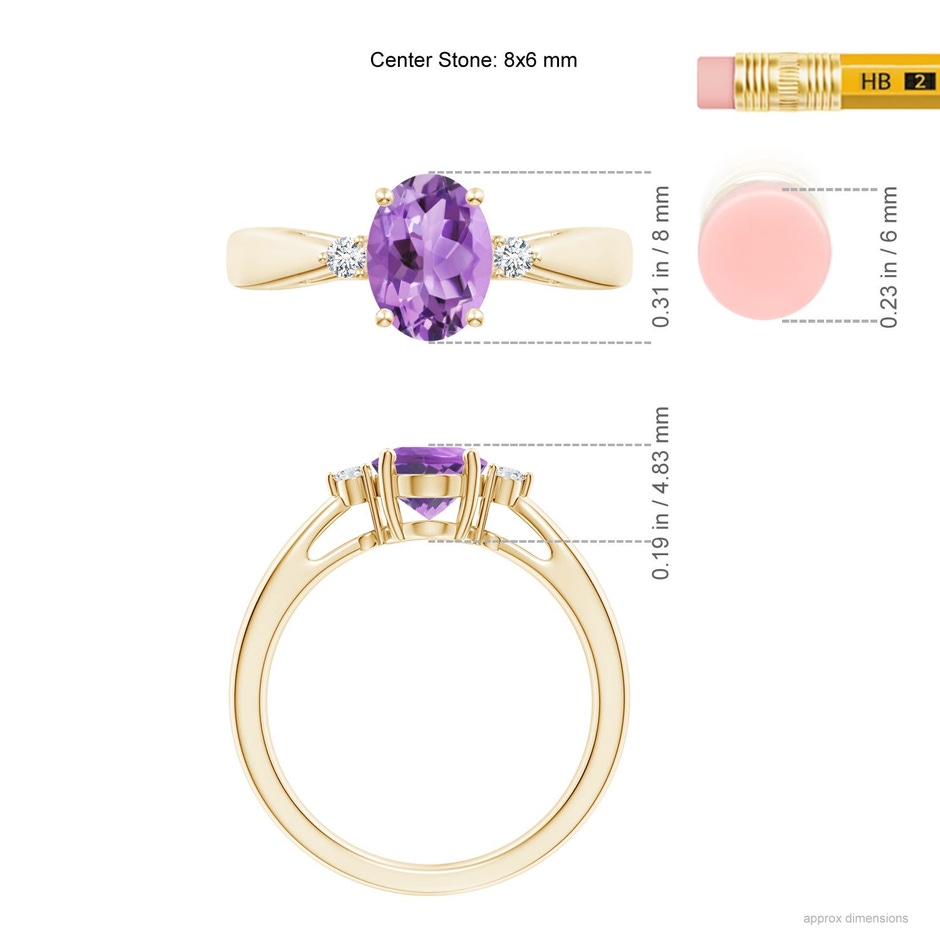 8x6mm A Tapered Shank Amethyst Solitaire Ring with Diamond Accents in 18K Yellow Gold ruler