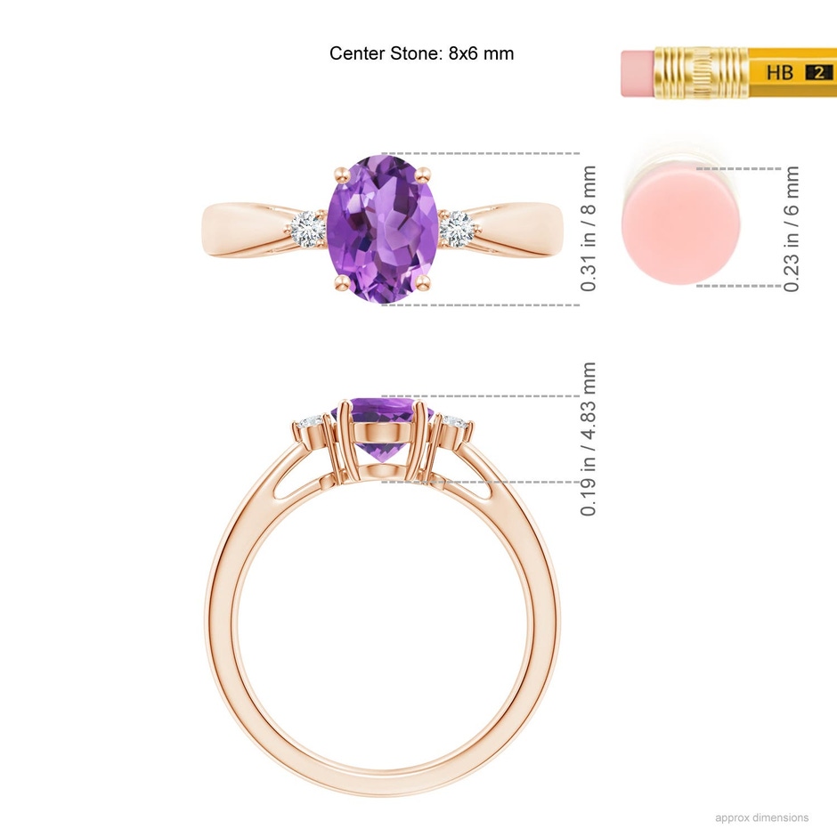 8x6mm AA Tapered Shank Amethyst Solitaire Ring with Diamond Accents in 18K Rose Gold ruler