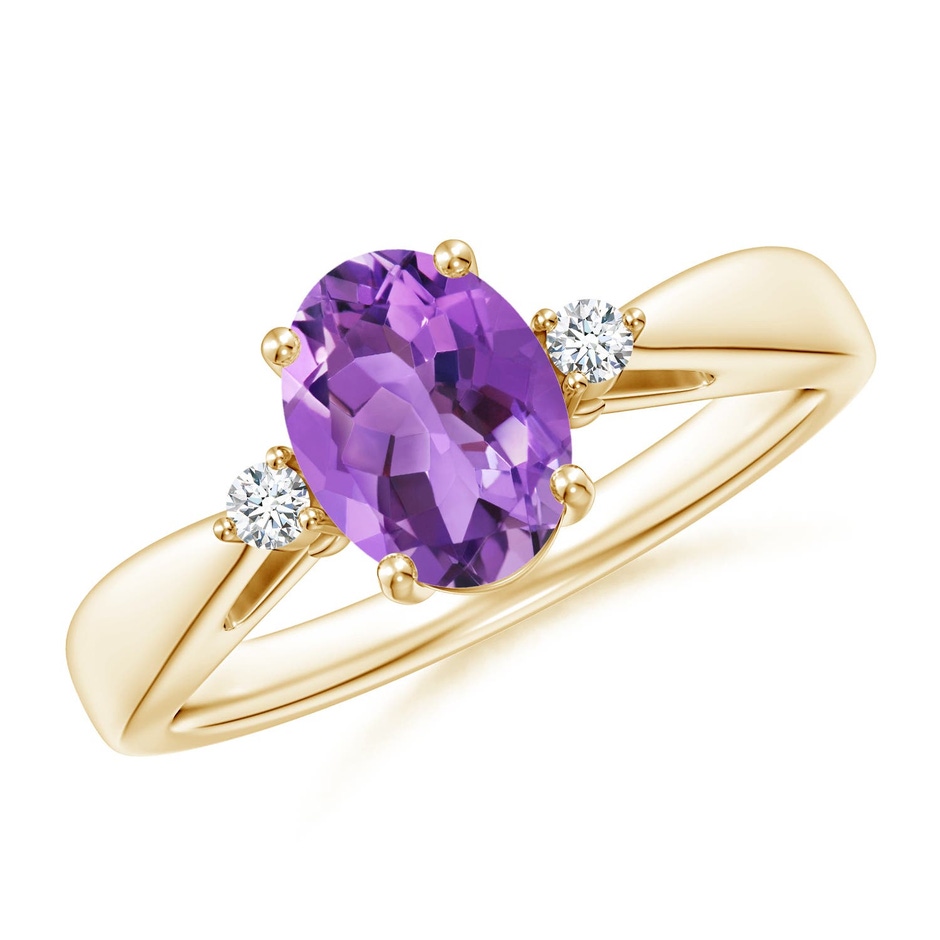 8x6mm AA Tapered Shank Amethyst Solitaire Ring with Diamond Accents in 18K Yellow Gold 